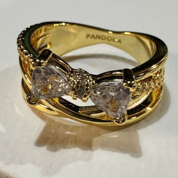Genuine PANDORA 14k Plated Sparkling Bow Crossover Ring 163511C01 Size 6 - Picture 4 of 9